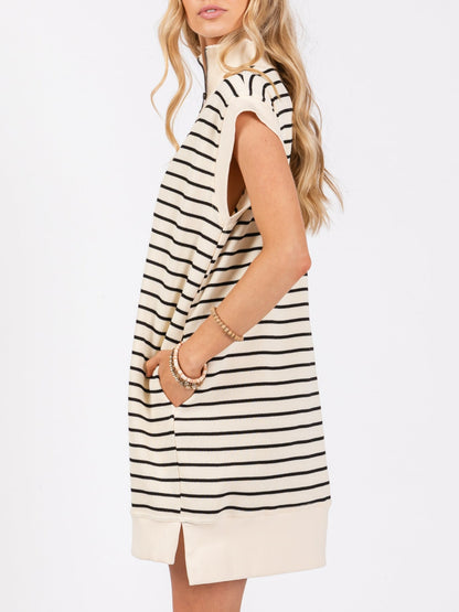 Women's Striped Knit Cap Sleeve Half-Zip Mini Dress
