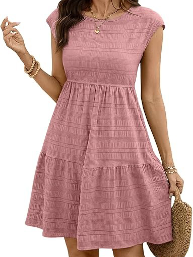 Women's Round Neck Cap Sleeve Textured Tiered Midi Dress