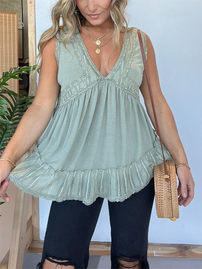 V-neckline Sleeveless Flow Top with Lace Trim