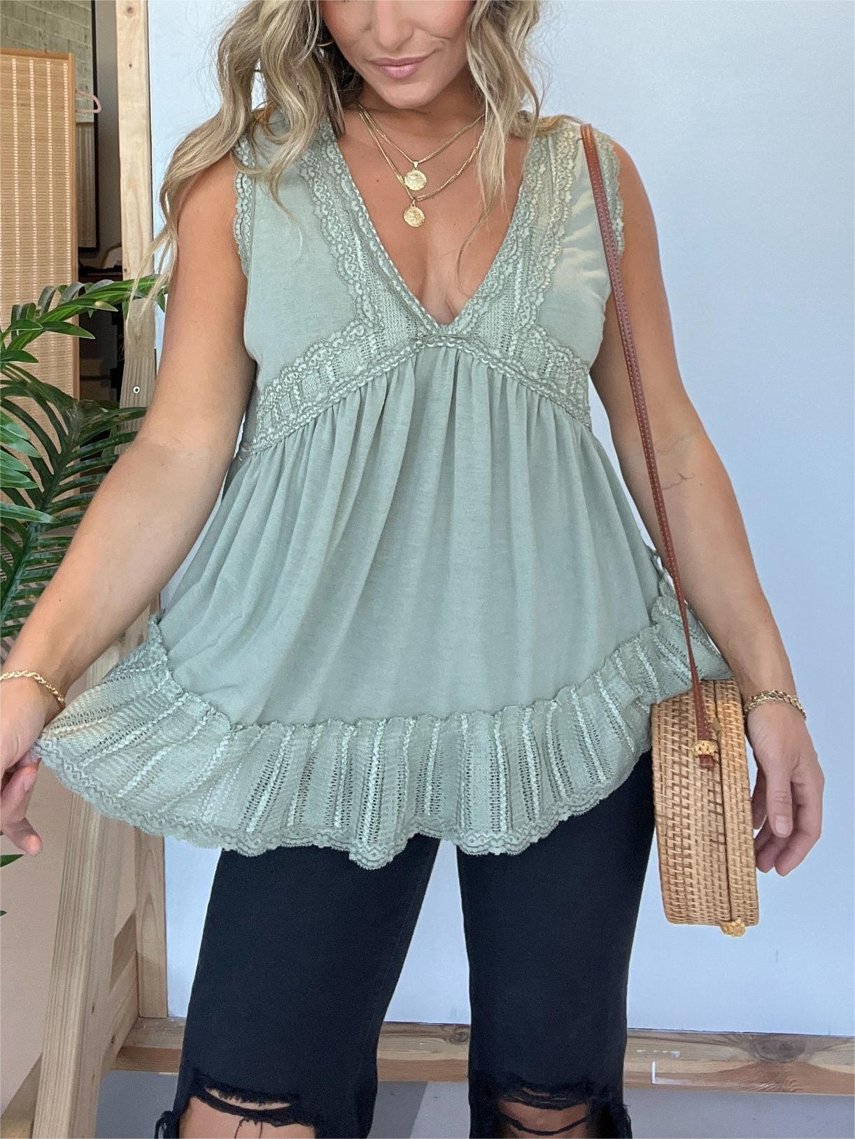 New V-neckline Sleeveless Flow Top with Lace Trim