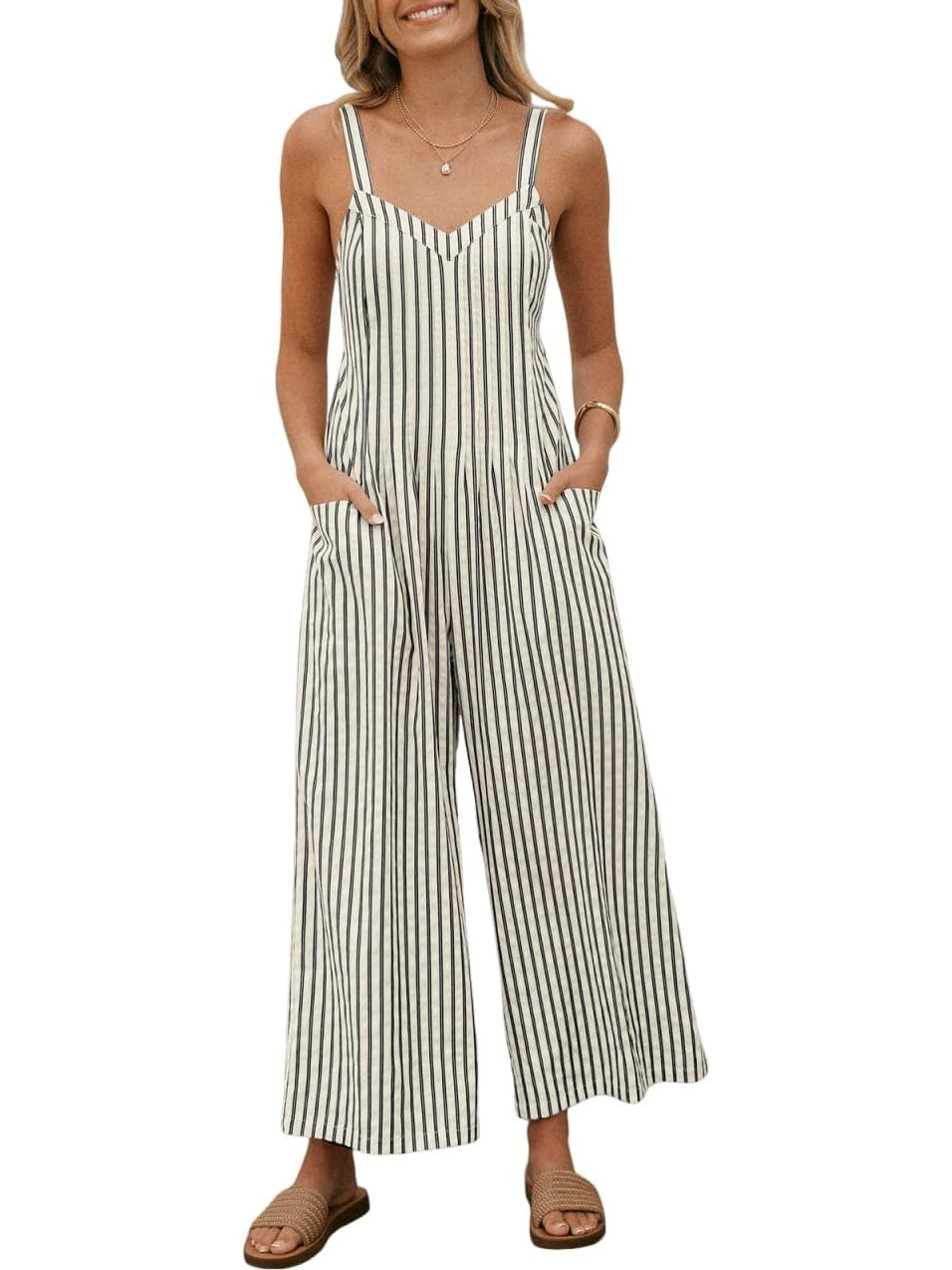 Women's Modern Stripe Open-Back Wide-Leg Jumpsuit