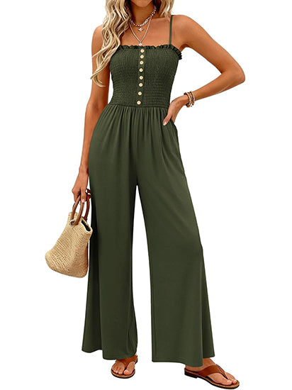 Women's Smocked Bustier Wide Leg Jumpsuit with Pockets