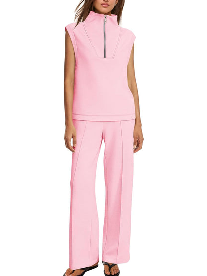 Women's Sleeveless Half Zip Top & Wide Leg Pants Set