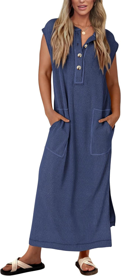 Women's Ribbed Henley Button Up Split Long Dress