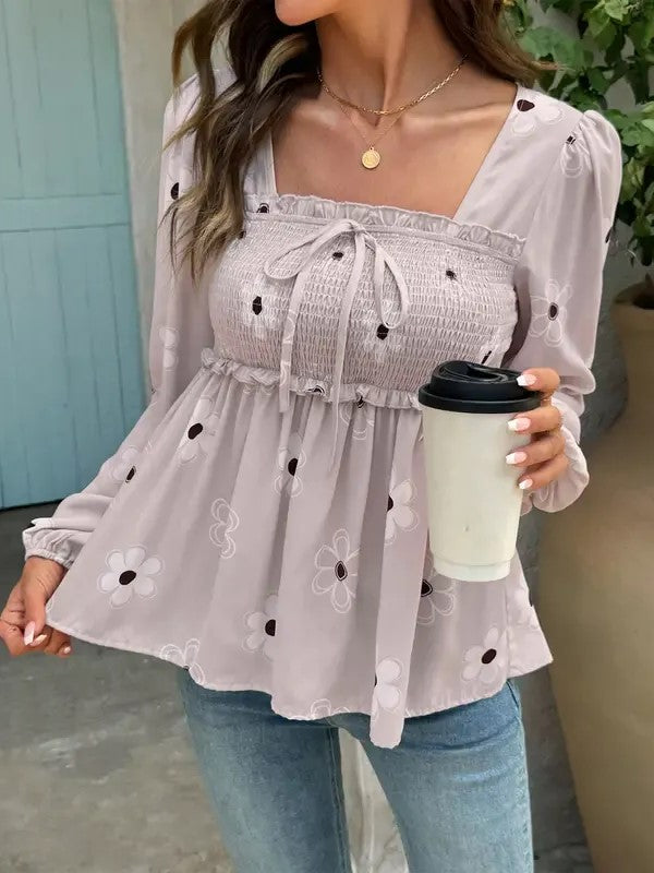 Women's Boho Floral Ruffle Square Neck Casual Shirt