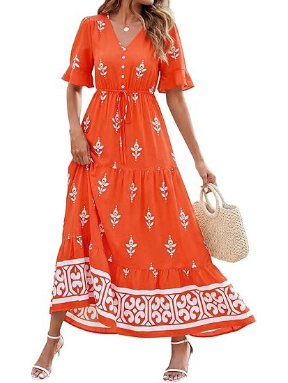 Women's Spring Casual Floral Print Tiered Maxi Dress