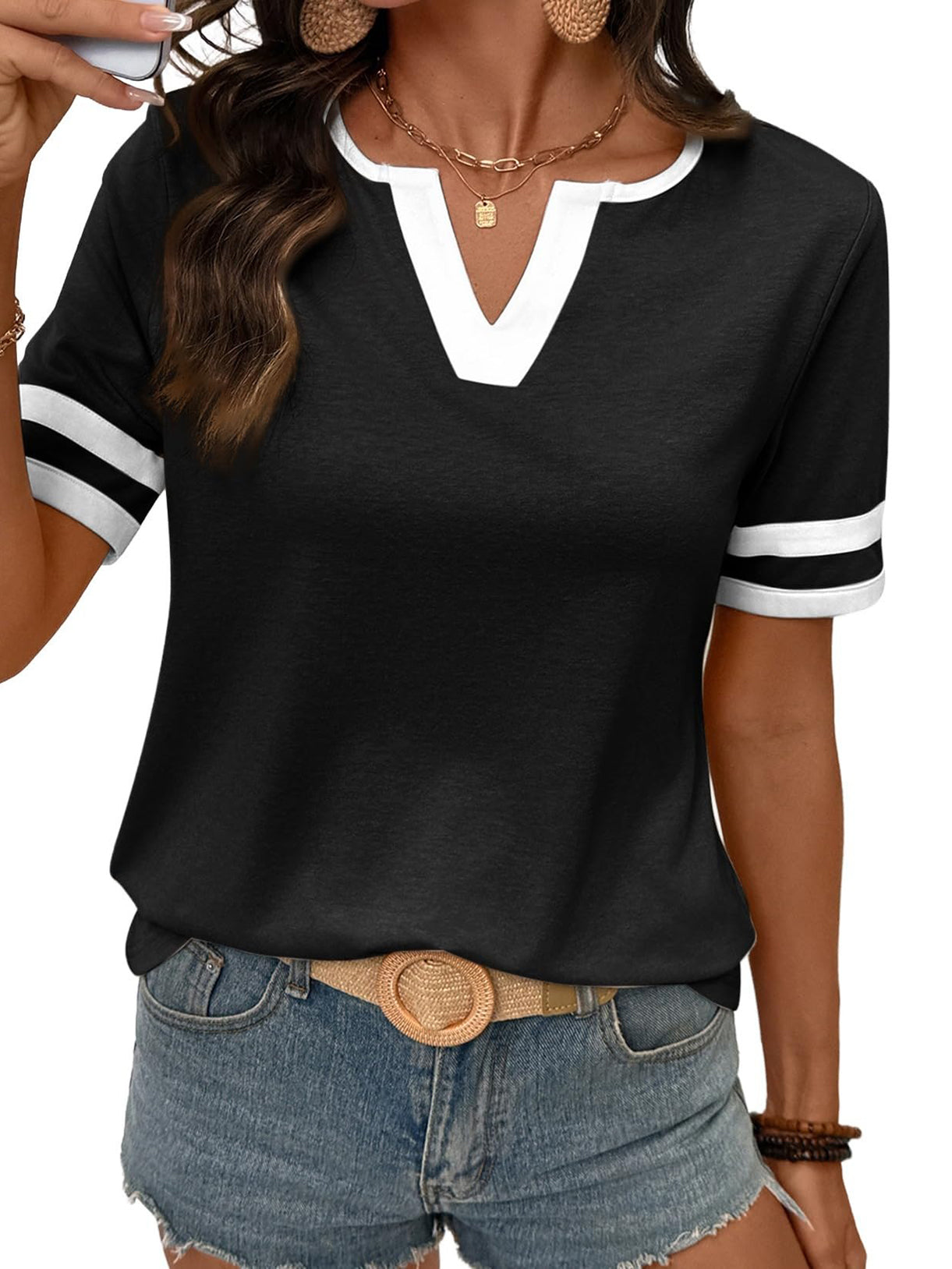 Women's 2026 Summer V-Neck Colorblock Top