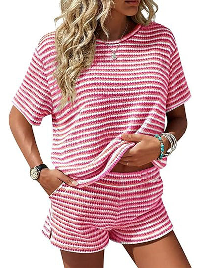 Women's Knit Striped 2 Piece Short Set