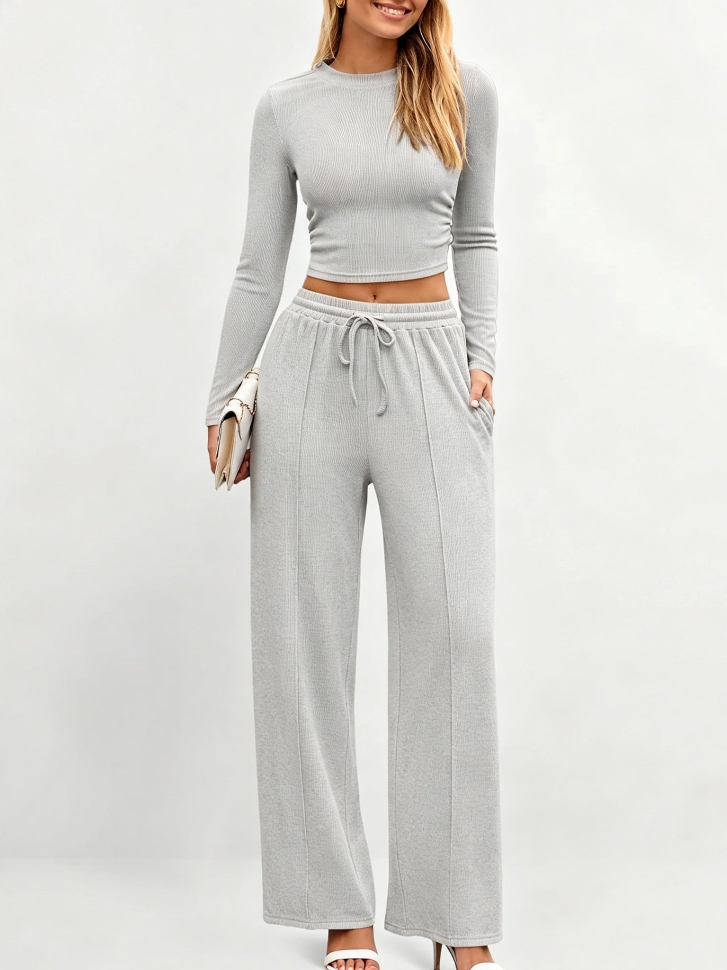 Women's Stretch Co-ord Set – Mock Neck Cropped Top & High Waist Wide Leg Pants