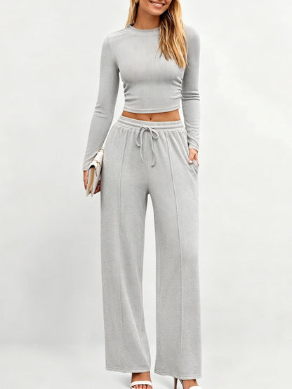 Women's Stretch Co-ord Set – Mock Neck Cropped Top & High Waist Wide Leg Pants