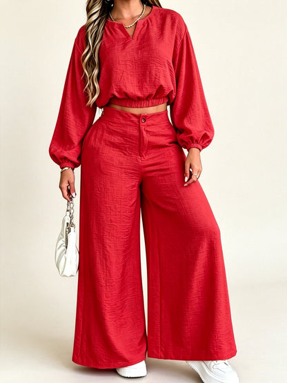 Women's Elastic Cuff Crop Top Wide Leg Trousers Matching Set