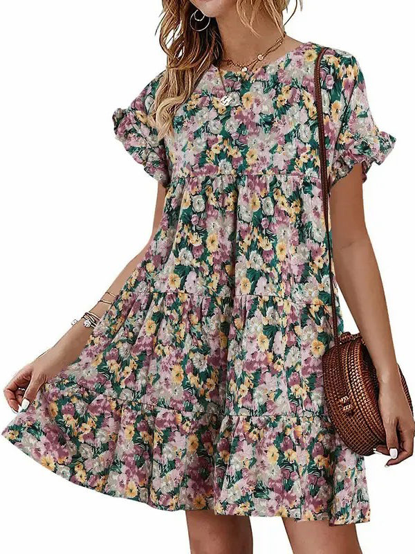 Women's Ruffles Floral Printed Babydoll Casual Dress