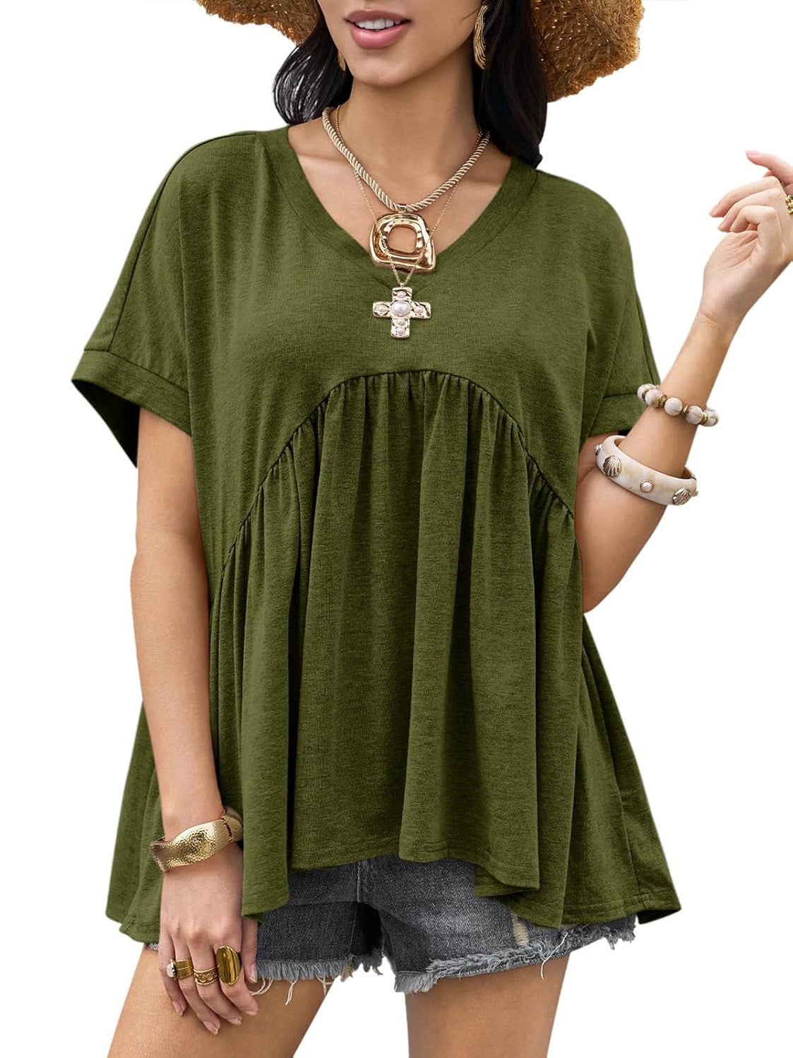 Women's V-Neck Pleated Swing Peplum Babydoll T-Shirt