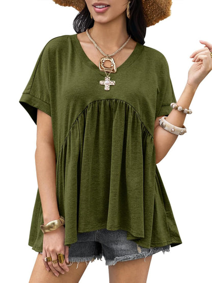 Women's V-Neck Pleated Swing Peplum Babydoll T-Shirt