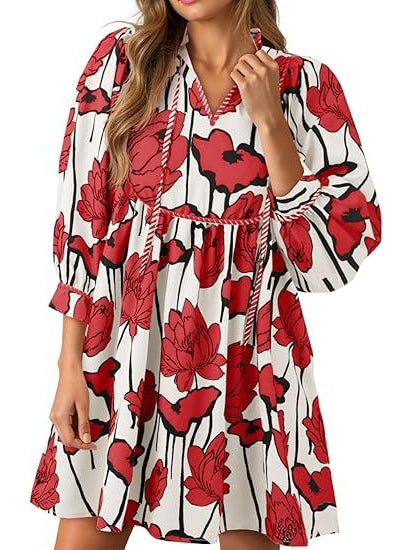 Women's Vibrant Floral Print Tied Waist Dress with Pockets