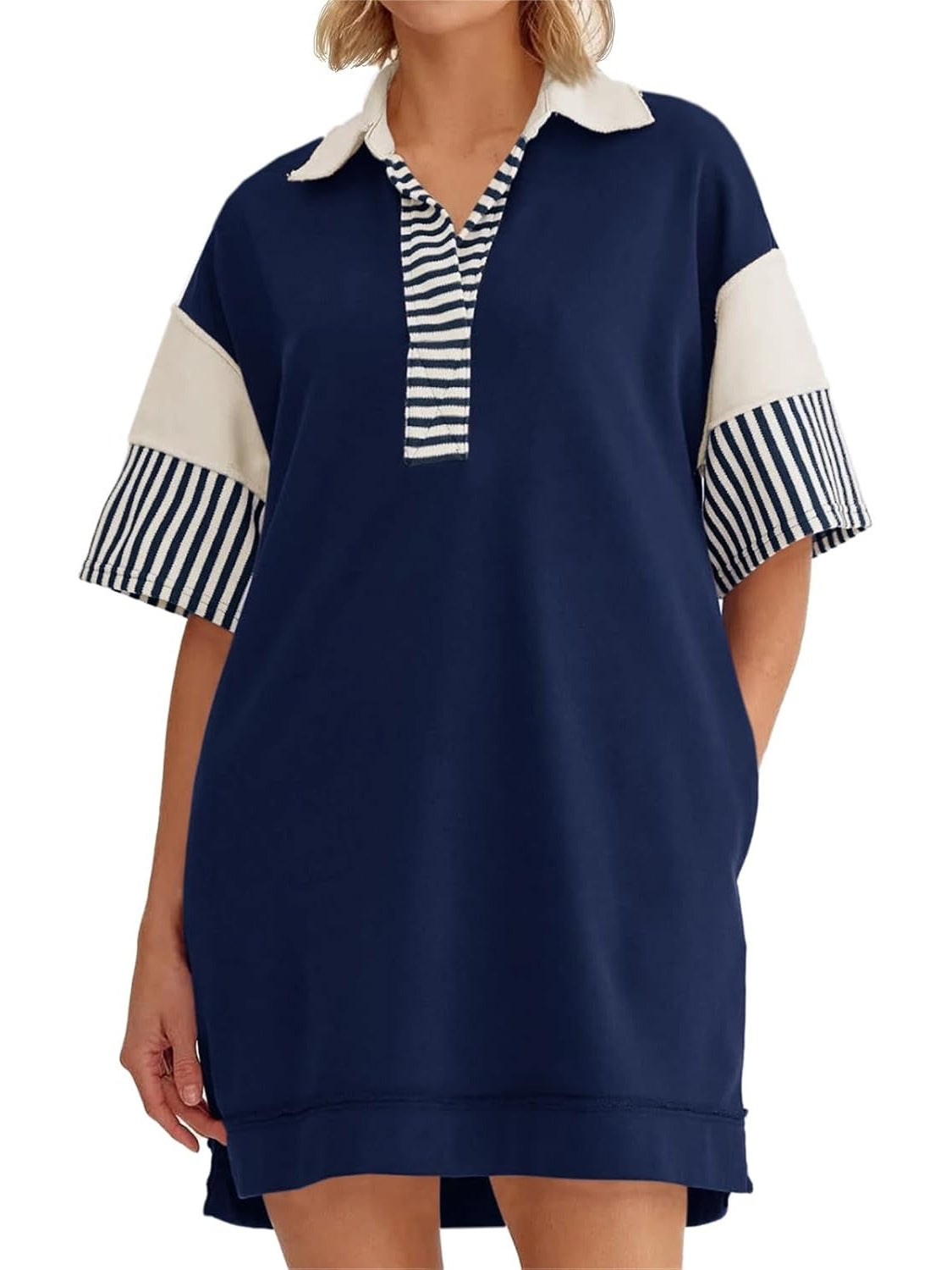 Women's Striped Colorblock Polo Collar Casual Dress