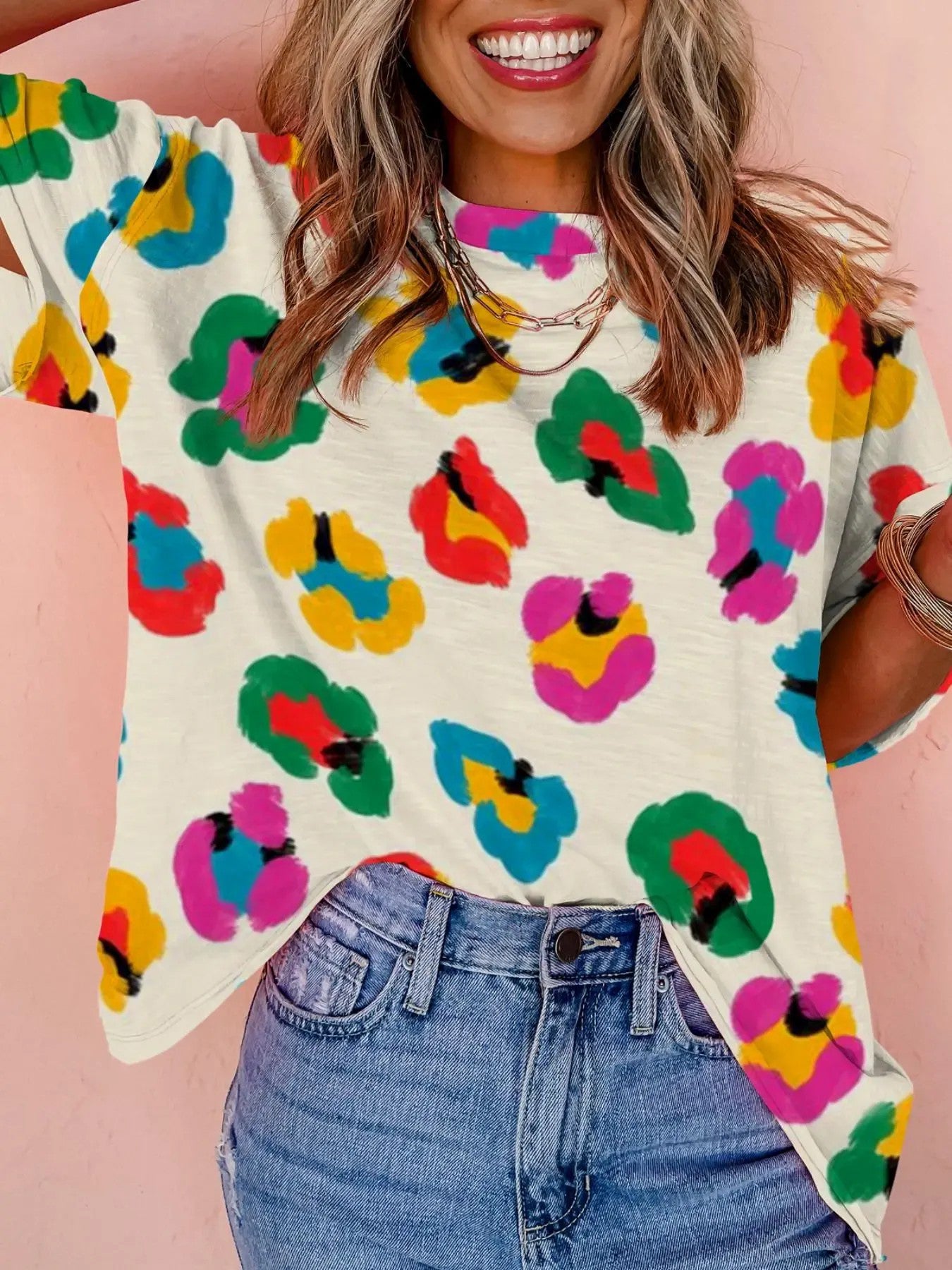 Women's Colorful Leopard Print Short Sleeve T-Shirt