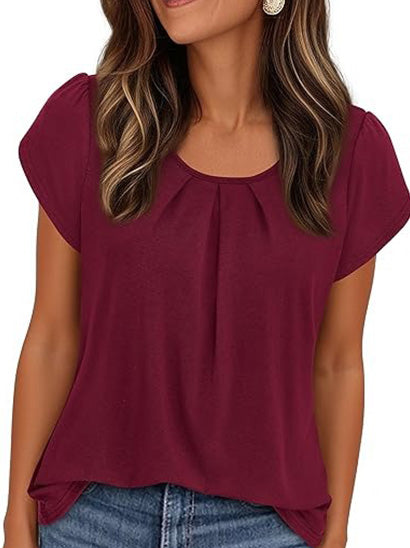 Summer Pleated Neck Short Sleeve Loose Casual Blouse
