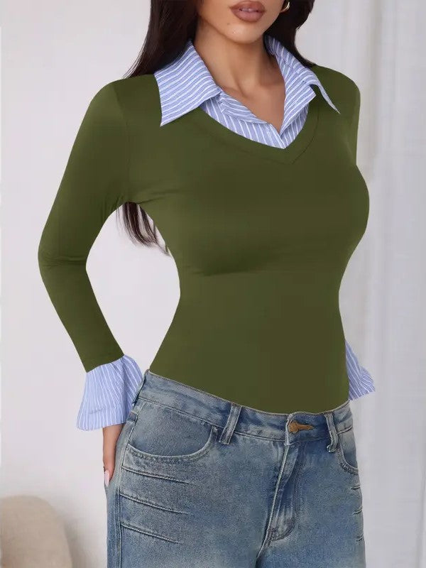Women's Mock‑Two‑Piece Striped Collar Long‑Sleeve Top