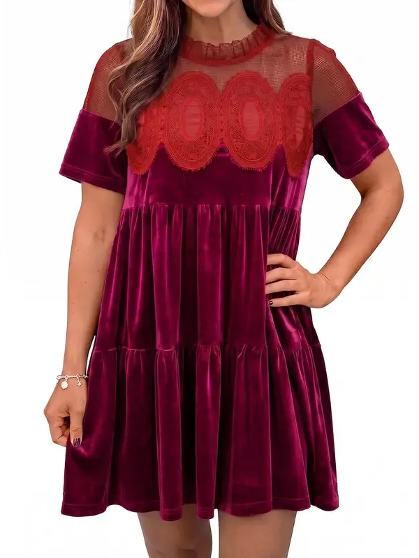 Women's Velvet Lace Babydoll Mini Dress