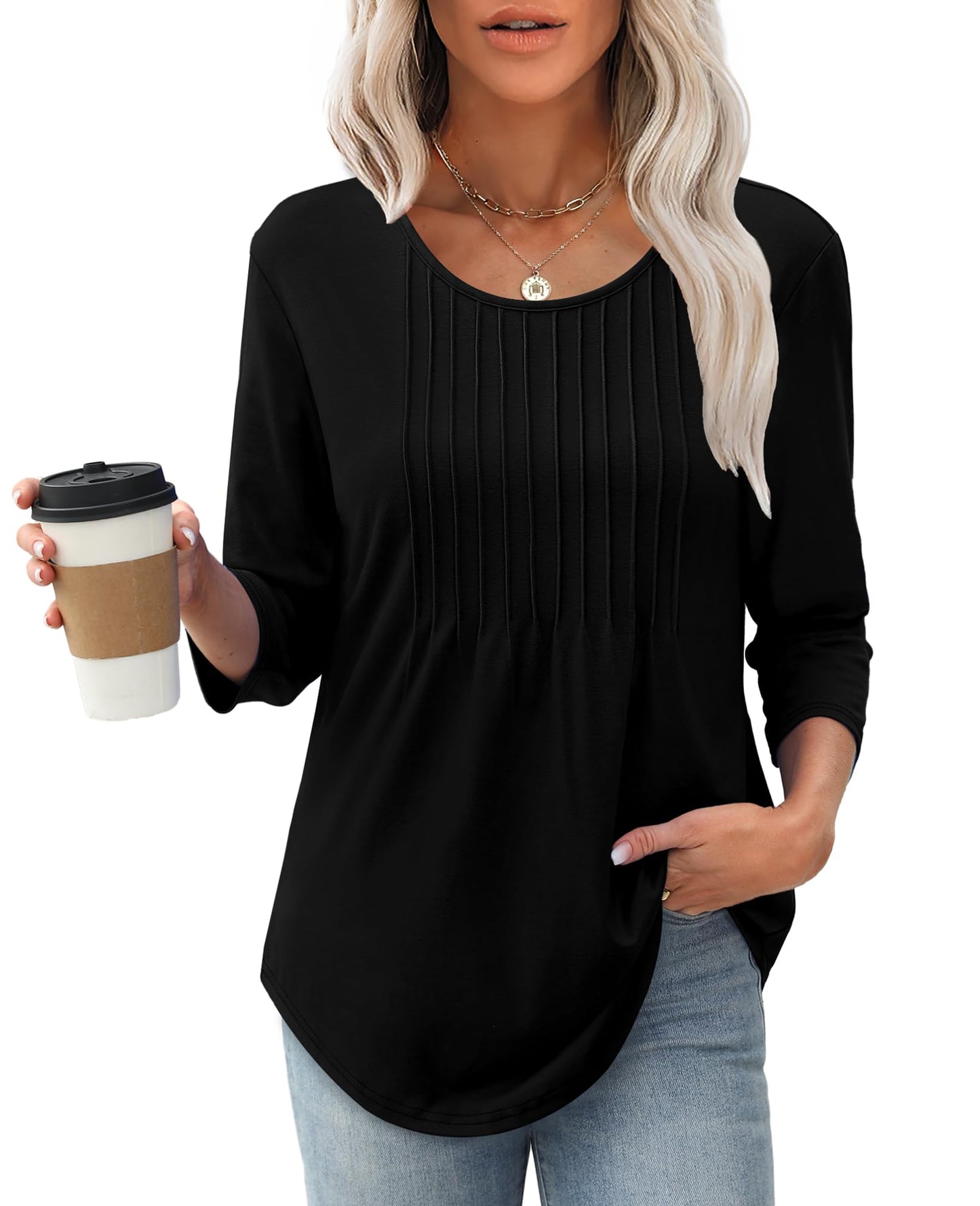 Women's 3/4 Length Sleeve Crewneck Casual Pleated Tunic Tops