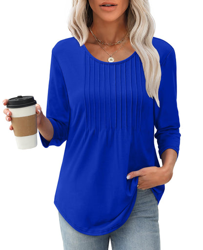 Women's 3/4 Length Sleeve Crewneck Casual Pleated Tunic Tops