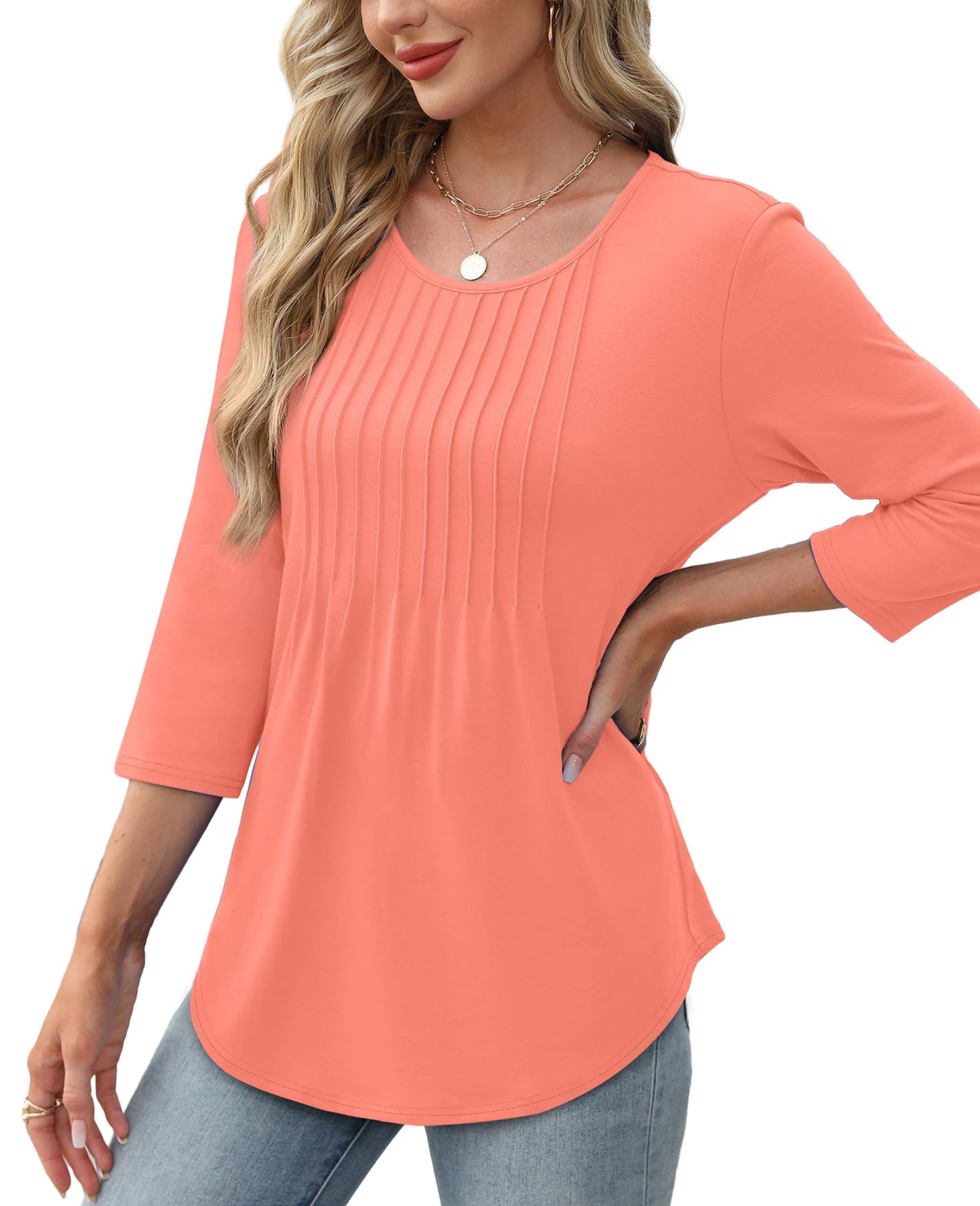 Women's 3/4 Length Sleeve Crewneck Casual Pleated Tunic Tops