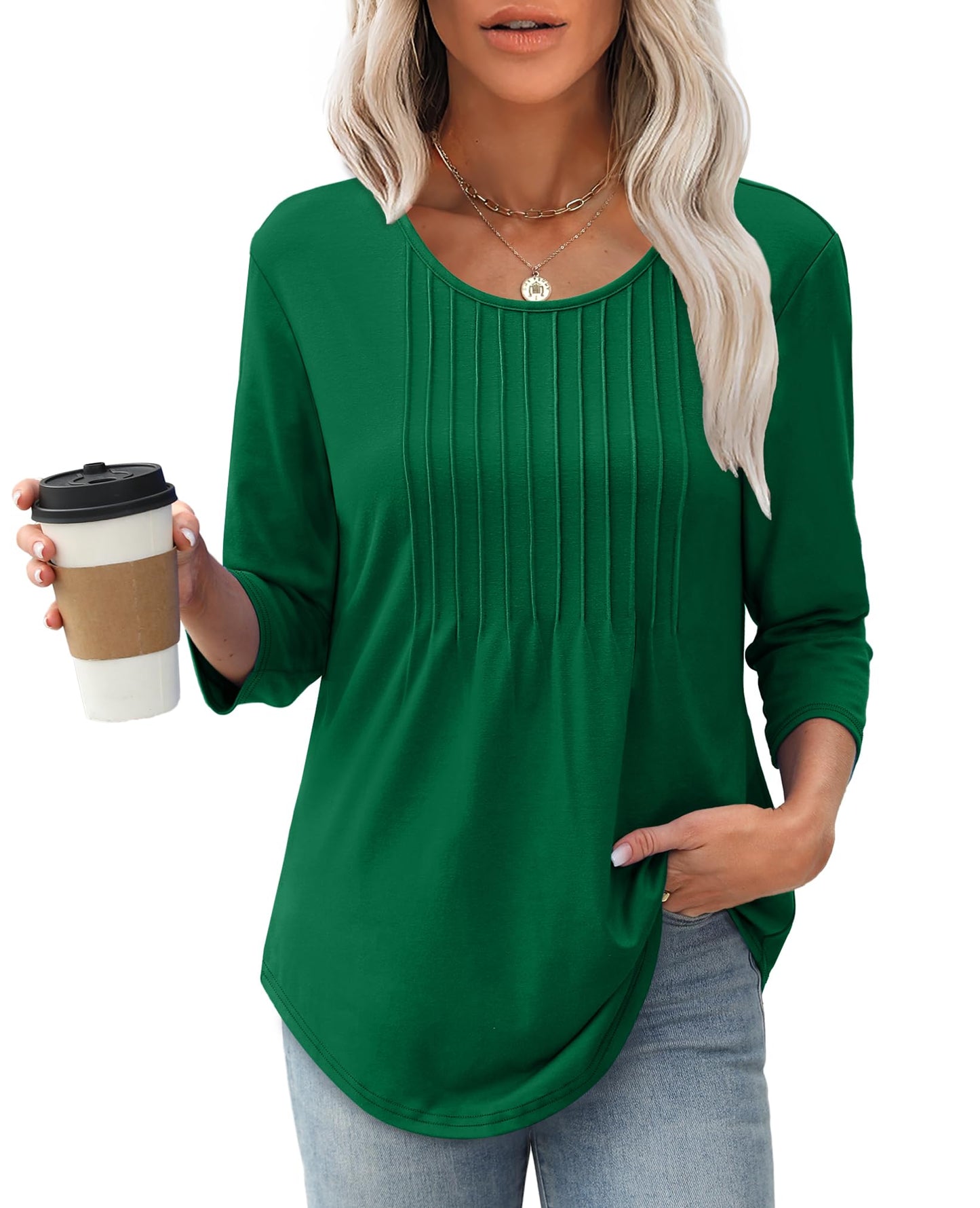 Women's 3/4 Length Sleeve Crewneck Casual Pleated Tunic Tops