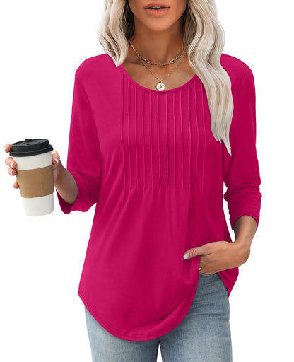 Women's 3/4 Length Sleeve Crewneck Casual Pleated Tunic Tops
