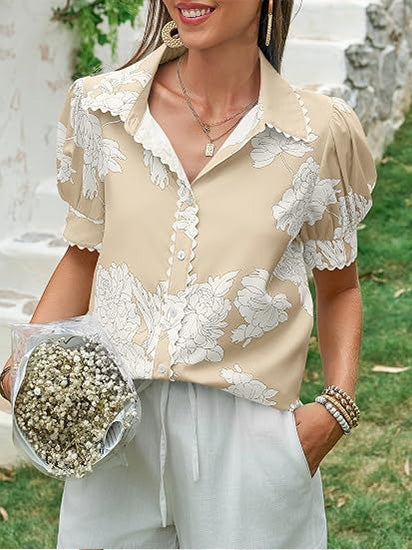 Women's Puff Sleeve Floral Print Button Down Shirts