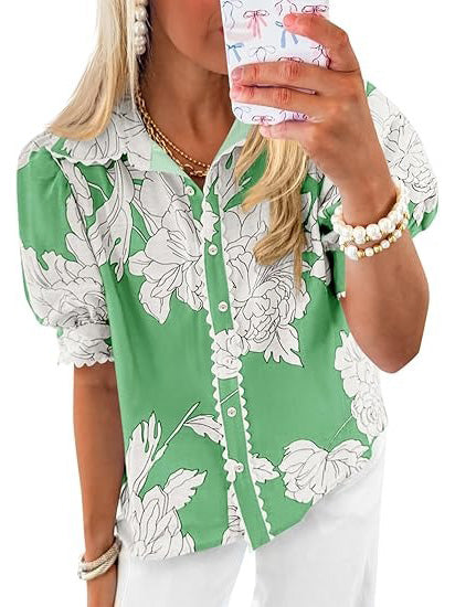 Women's Puff Sleeve Floral Print Button Down Shirts