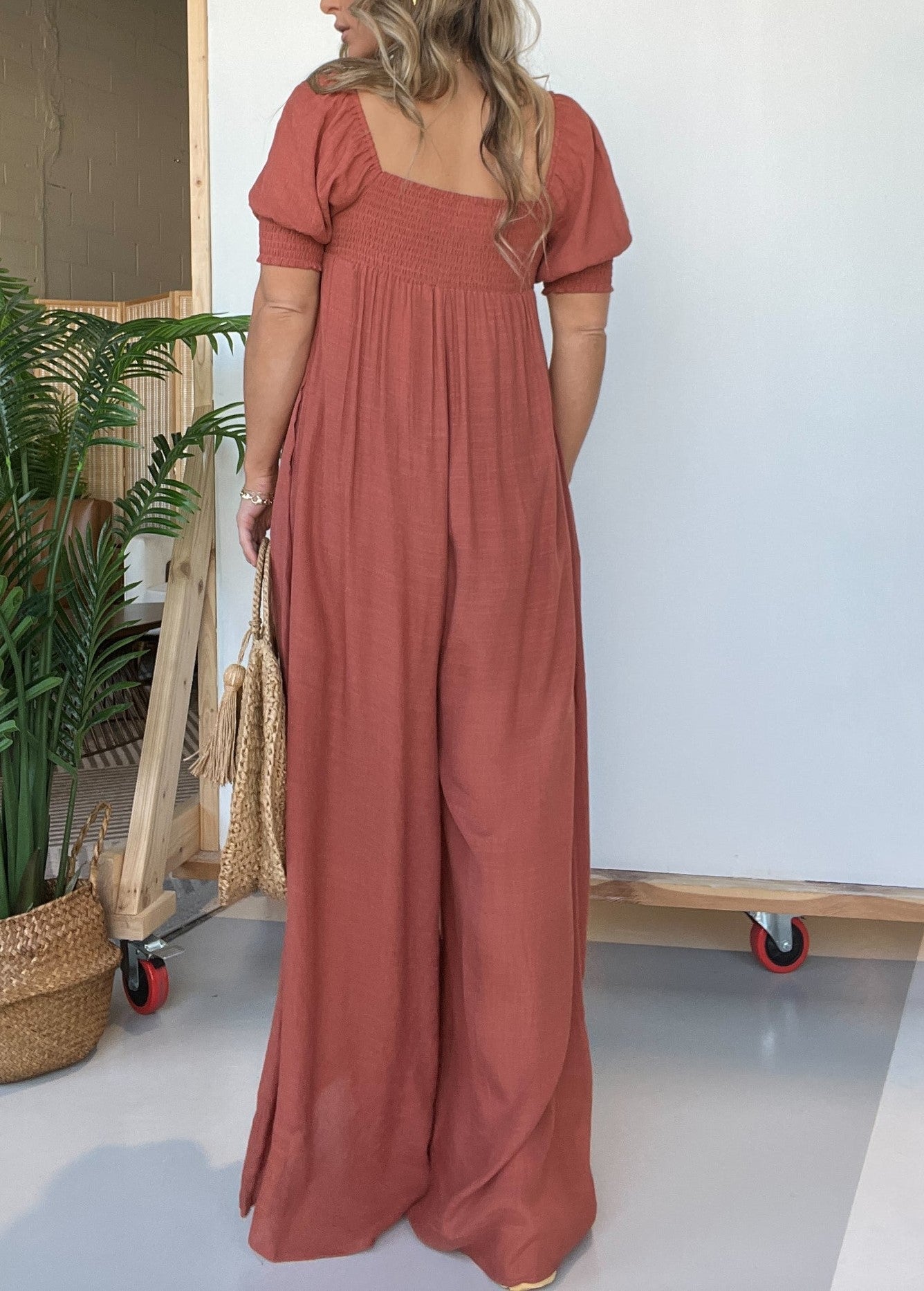 Women's Square Neckline Jumpsuit with Smocked Bodice Button