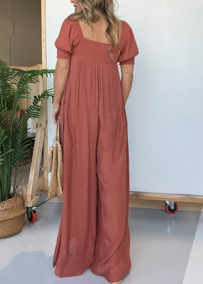 Women's Square Neckline Jumpsuit with Smocked Bodice Button