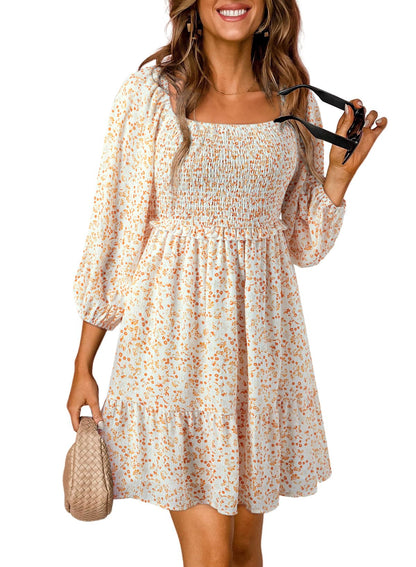 Women's Square Neck Smocked Boho Floral Dress