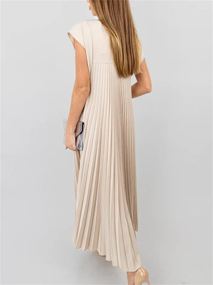 Women's Cap Sleeve Pleated Flowy Maxi Dress