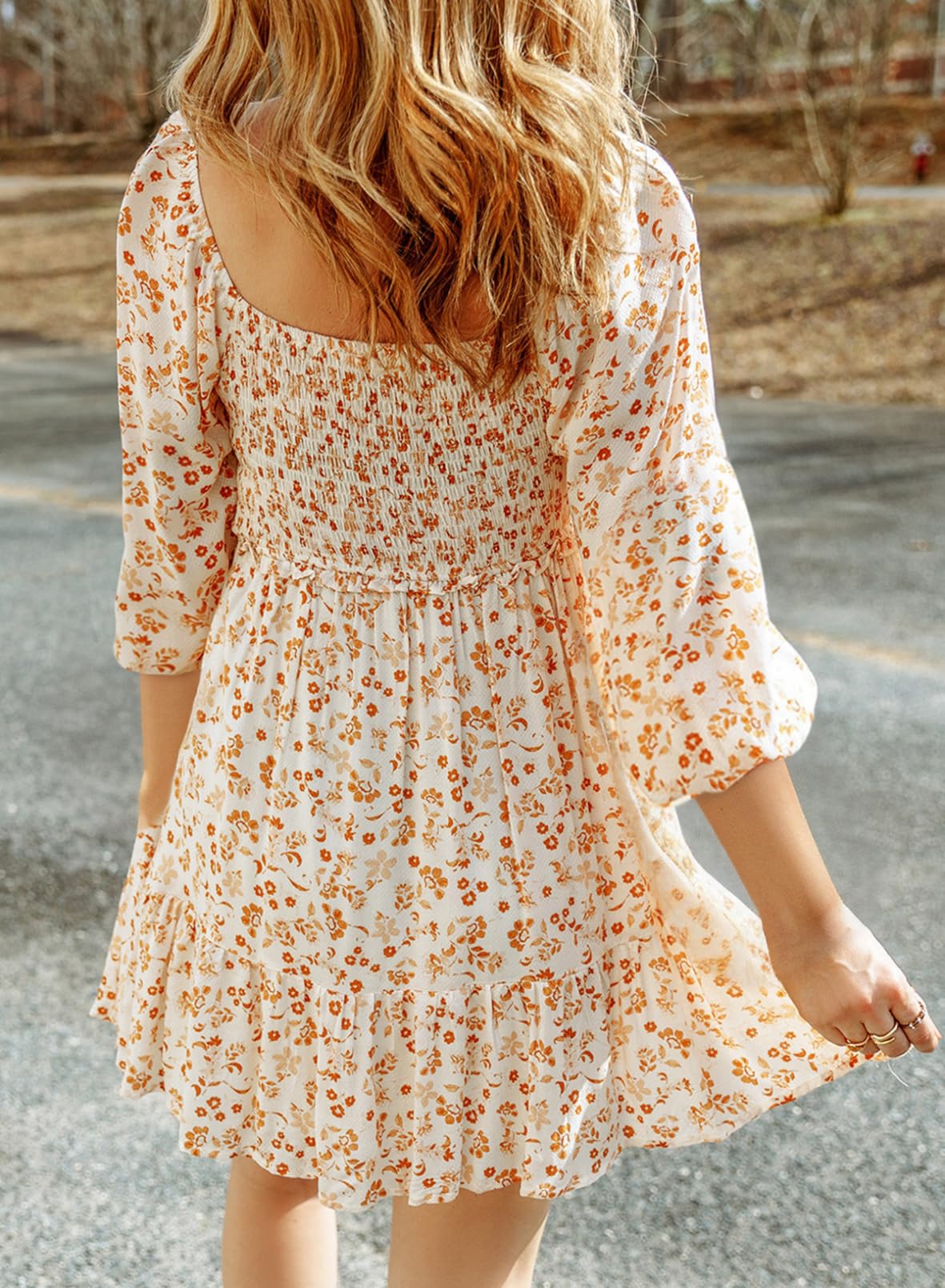 Women's Square Neck Smocked Boho Floral Dress