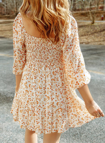Women's Square Neck Smocked Boho Floral Dress