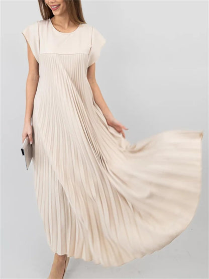 Women's Cap Sleeve Pleated Flowy Maxi Dress