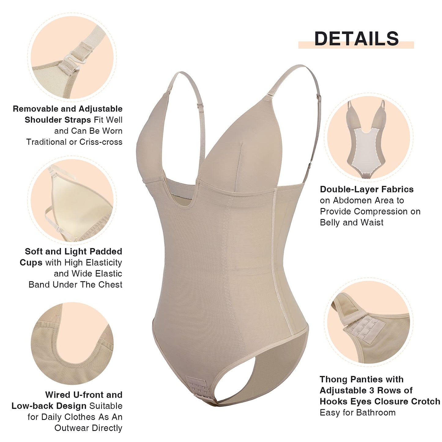 U-plunge Shapewear Low-back Bodysuit for Women