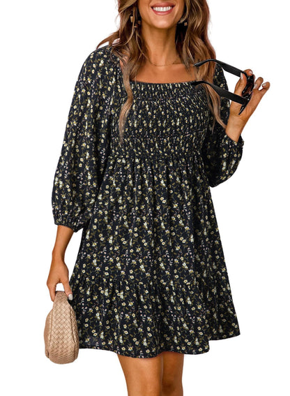 Women's Square Neck Smocked Boho Floral Dress