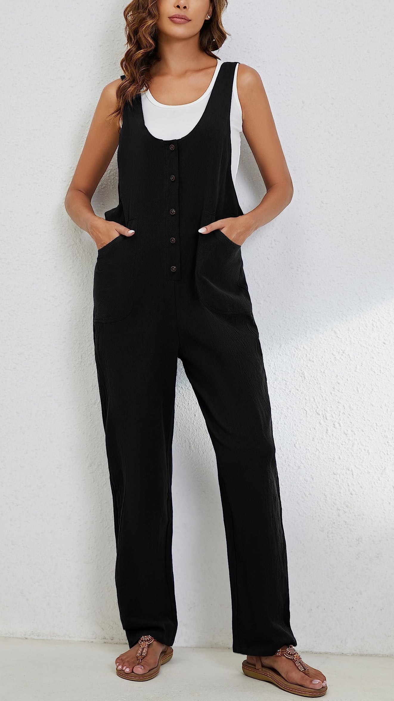 Women's Adjustable Straps Button Up Jumpsuit