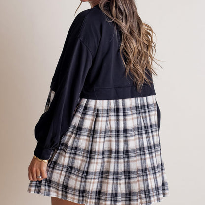 Women's Long Sleeve Round Neck Plaid Print Patchwork Dress