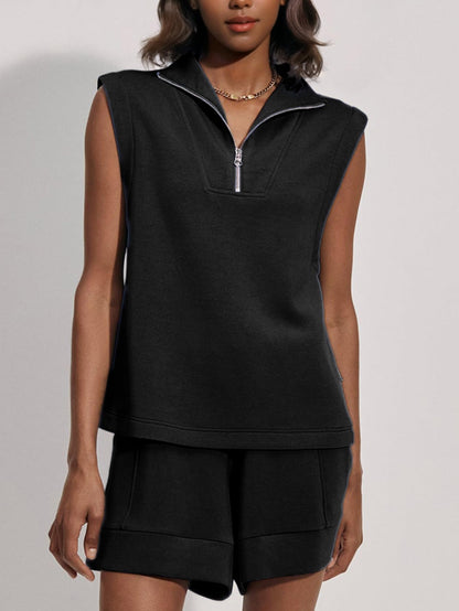 Women's Summer Half Zip Sleeveless Two-Piece Shorts Set
