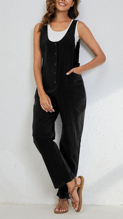 Women's Adjustable Straps Button Up Jumpsuit