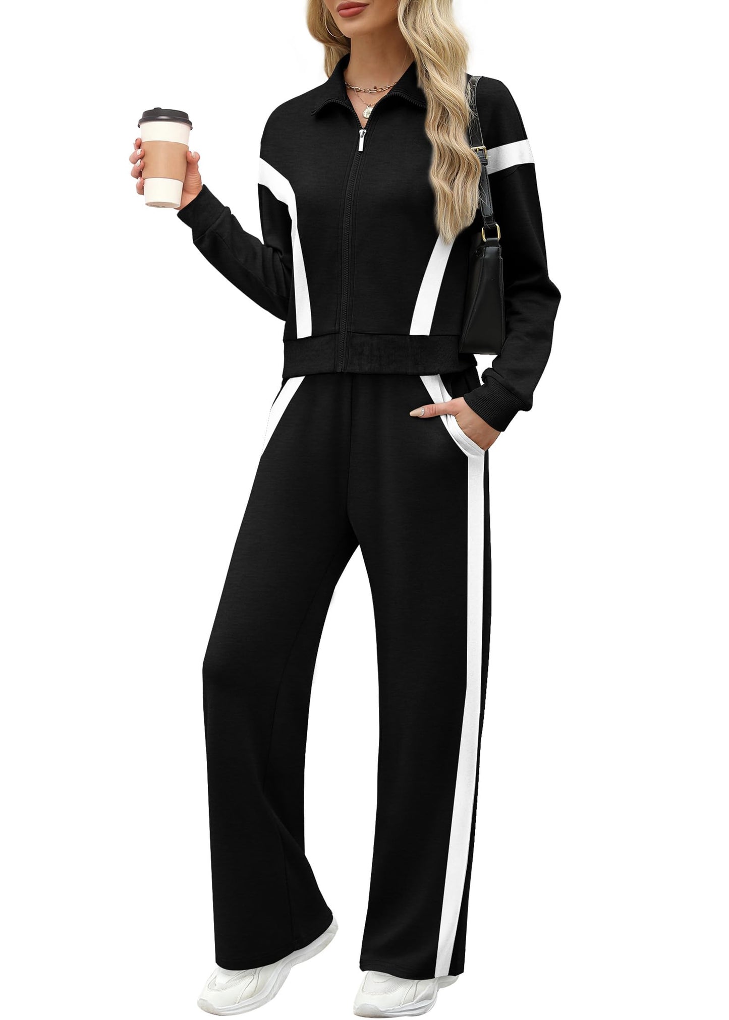 Women's Zip Up Sweatshirt and Wide Leg Sweatpant 2 Piece Sweatsuit