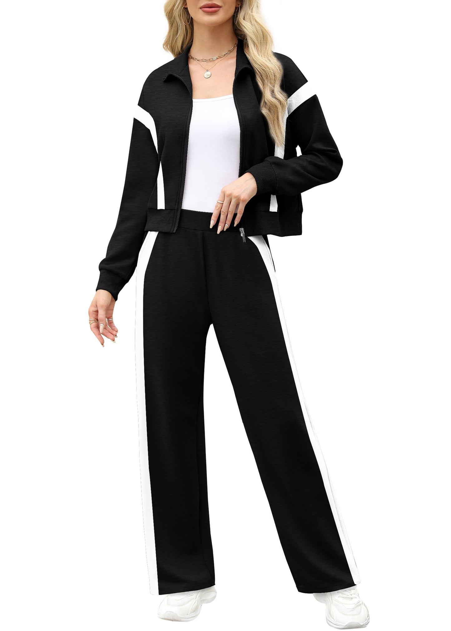 Women's Zip Up Sweatshirt and Wide Leg Sweatpant 2 Piece Sweatsuit