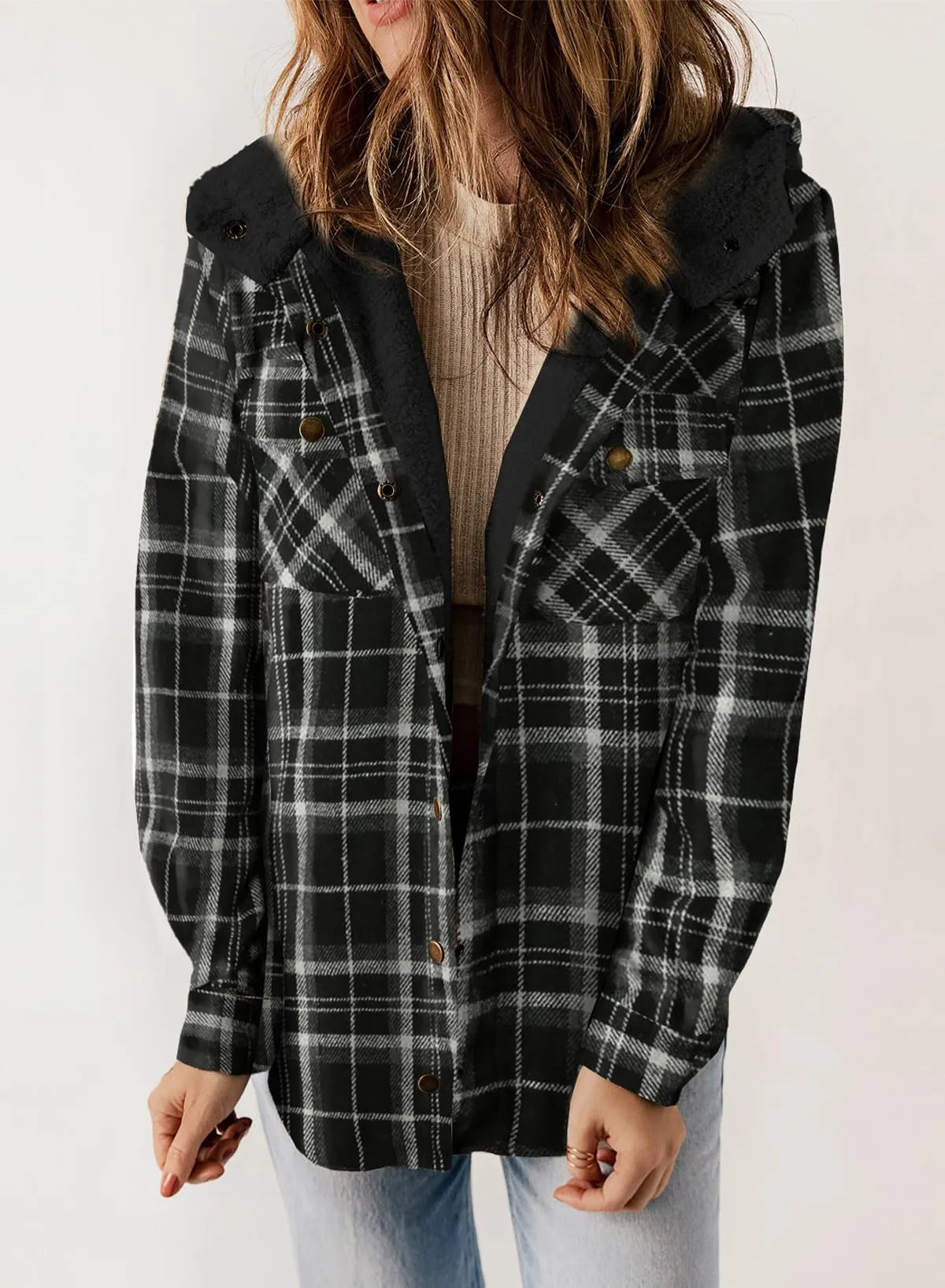 Women's Flannel Plaid Fleece Hooded Jacket