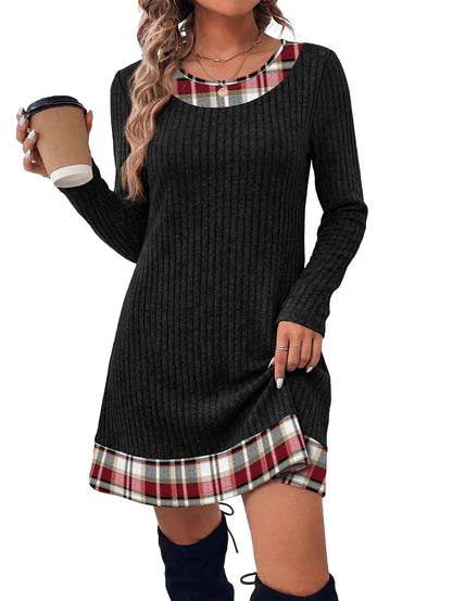 Women's Plaid Trim Ribbed Sweater Dress