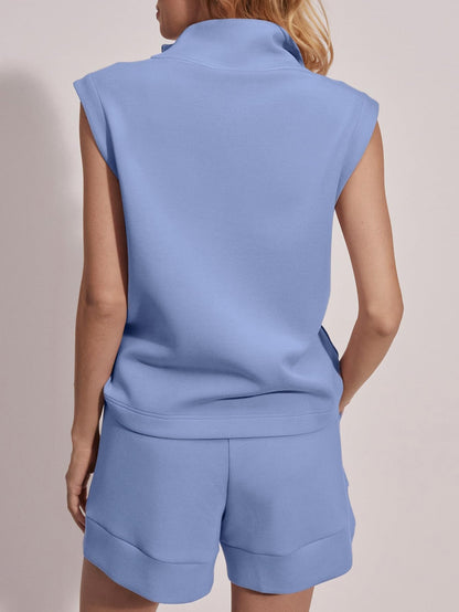 Women's Summer Half Zip Sleeveless Two-Piece Shorts Set