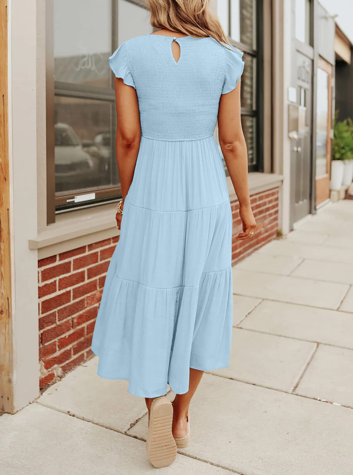Women's Summer Casual Flutter Short Sleeve Smocked  Midi Dress